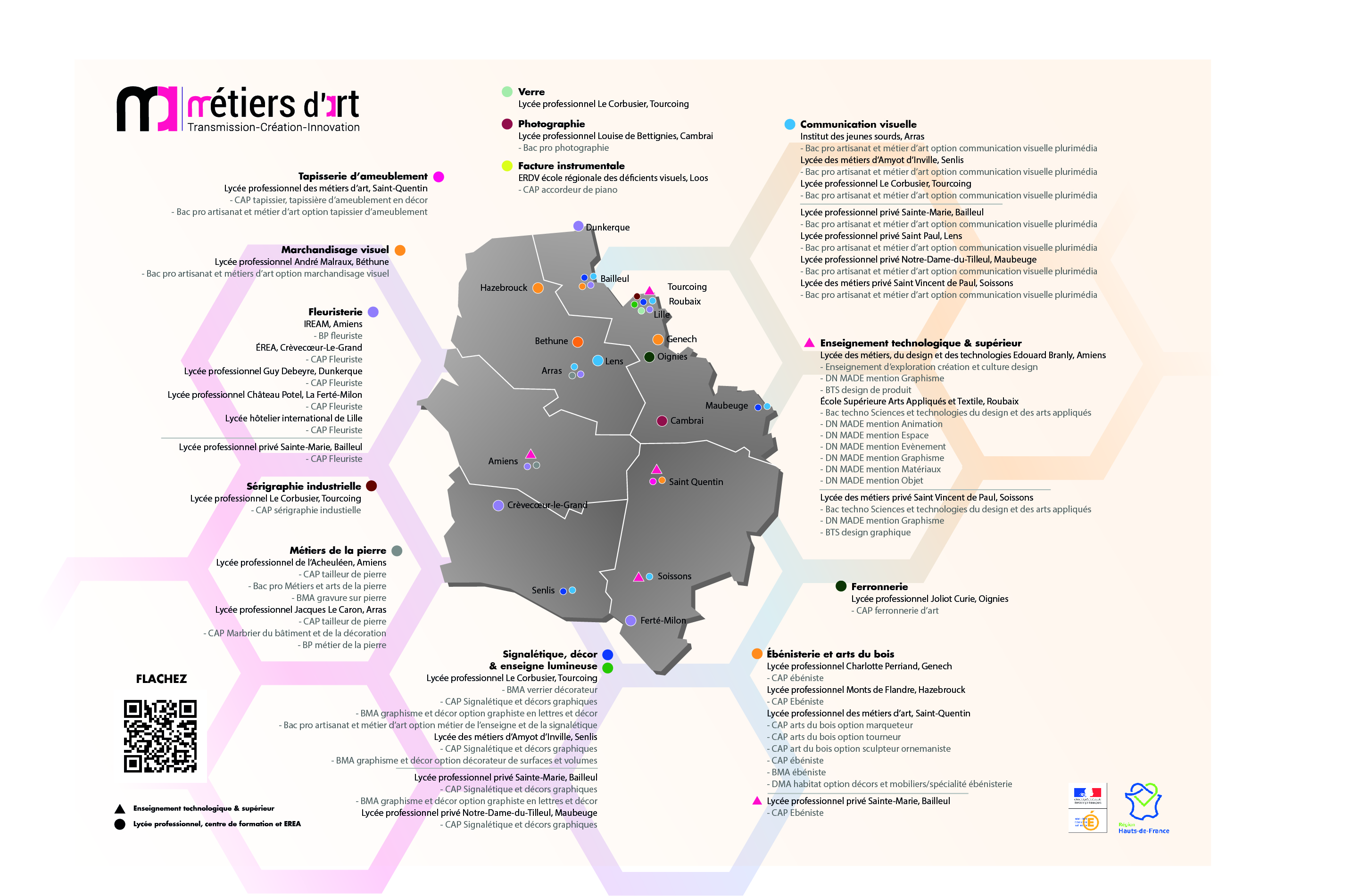 Carte des formations métiers d'art académies Lille Amiens